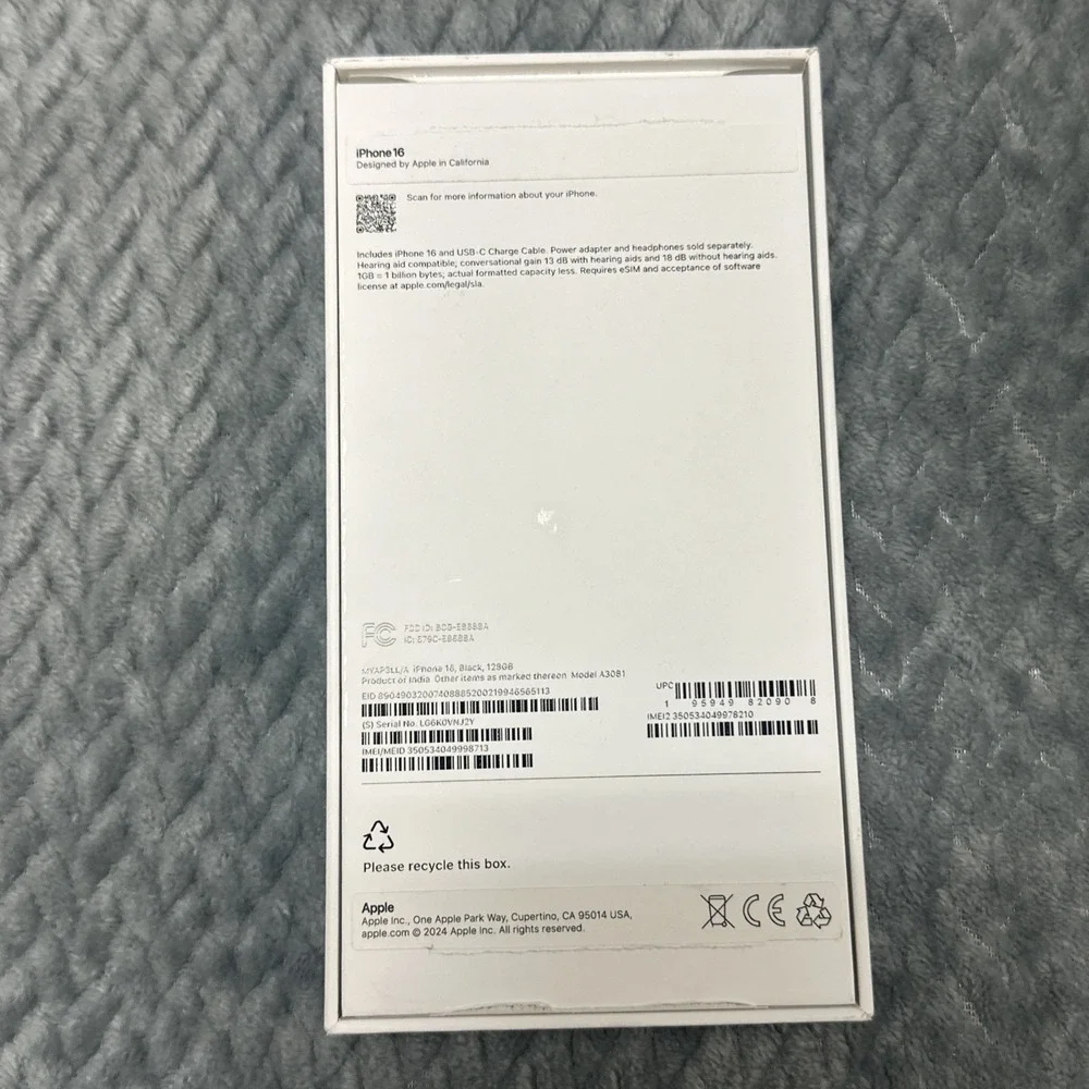 Apple iPhone 16 Box Only Black 128GB MYAP3LL/A Empty Retail Packaging No Phone